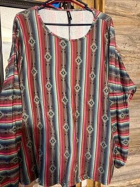 Crazy Train Multicolor Aztec Stripe Long Sleeve Scoop Neck Top